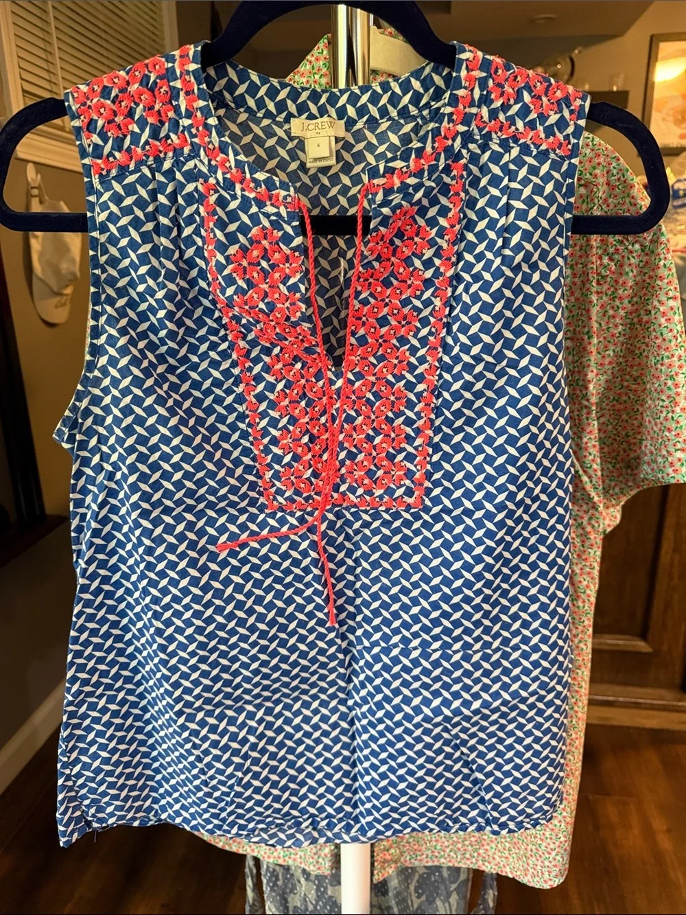J. Crew Blue Geo-Print Sleeveless Top with Coral Embroidery